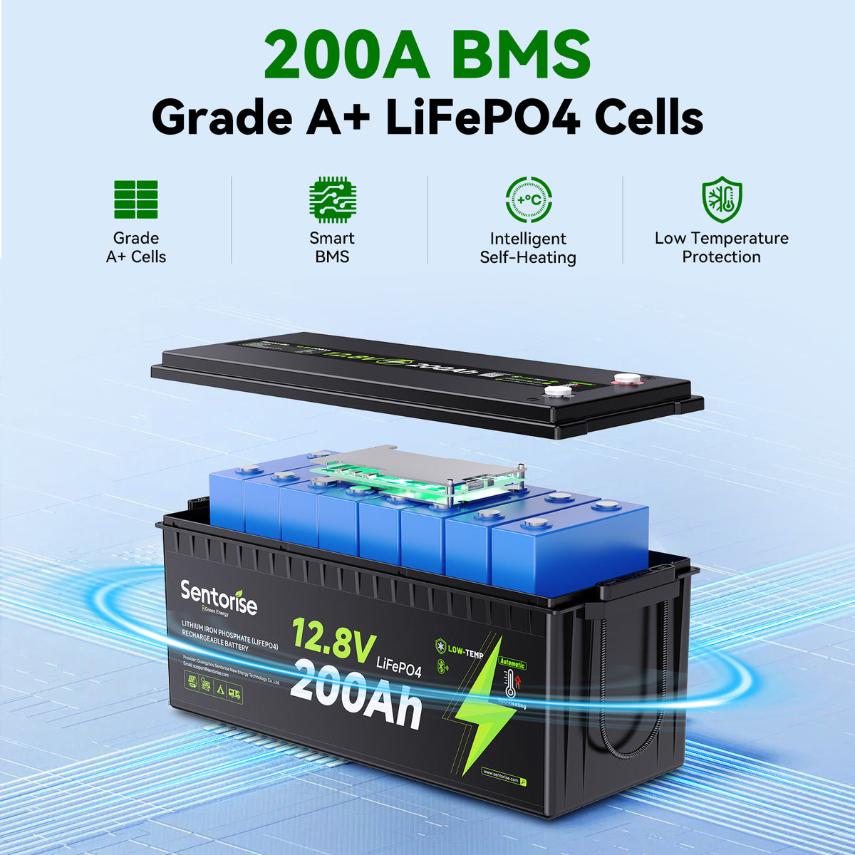 Sentorise 12V 200Ah beheizte LiFePO4-Batterie mit Bluetooth