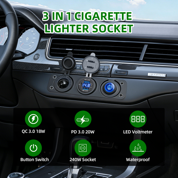 12V-Steckdosenpanel mit USB-C und Spannungsanzeige