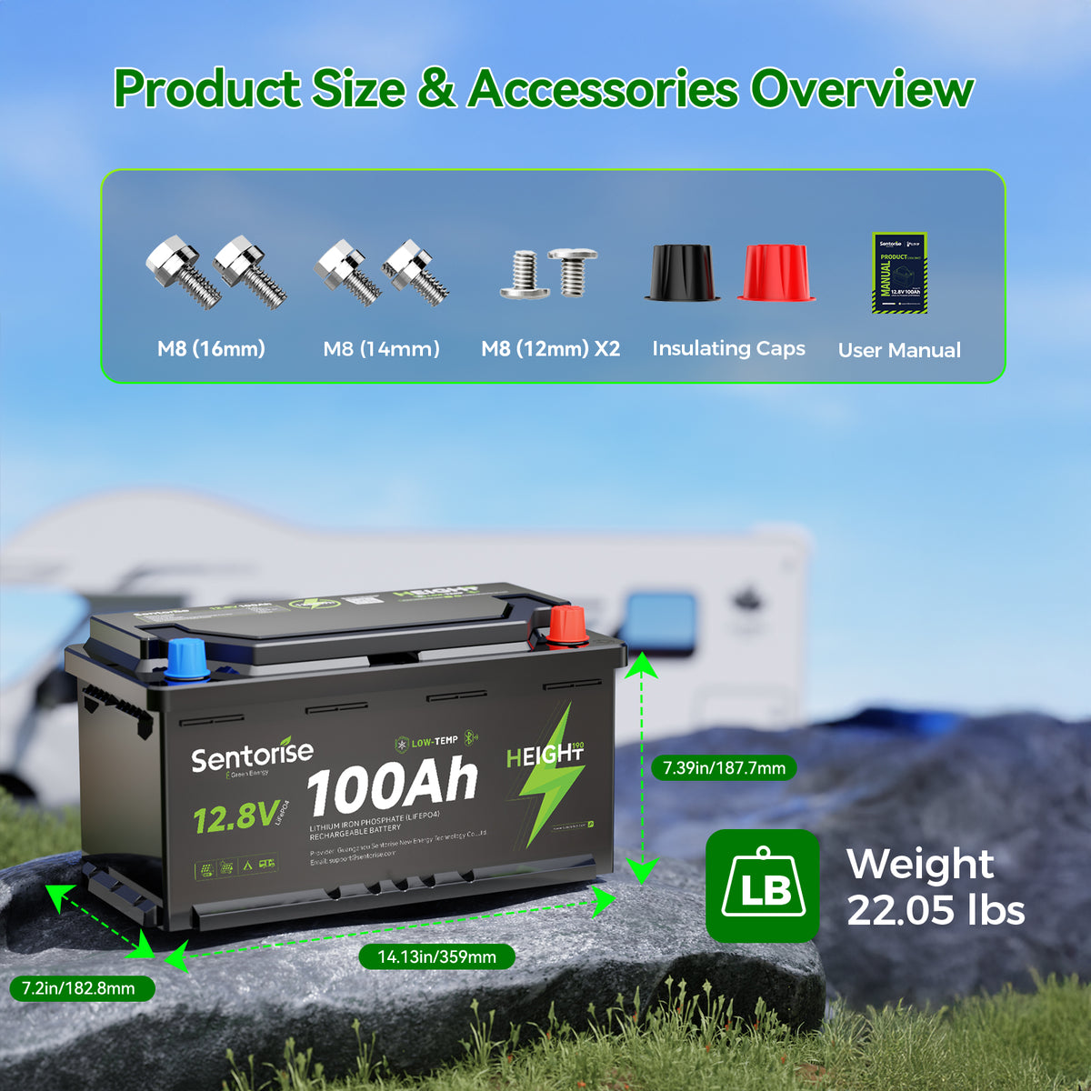 Sentorise 12V 100Ah Underfloor LiFePO4-Batterie mit Bluetooth